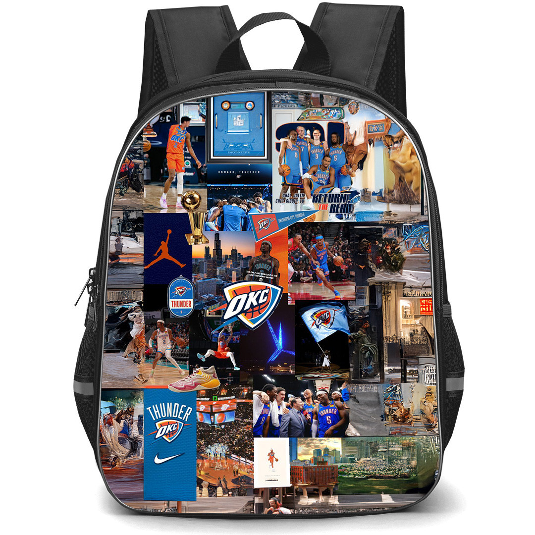 NBA Oklahoma City Thunder Backpack School Bag StudentPack - Oklahoma City Thunder Collage Fan Art Logo in Center