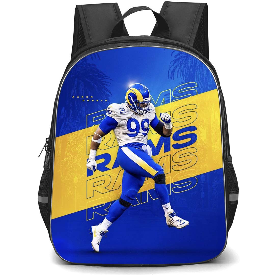 NFL Aaron Donald Backpack StudentPack - Aaron Donald 99 LA Rams Running Yellow Blue Graphic Art