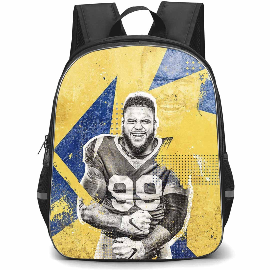 NFL Aaron Donald Backpack StudentPack - Aaron Donald 99 LA Rams Smiling On Yellow Blue Graphic Art