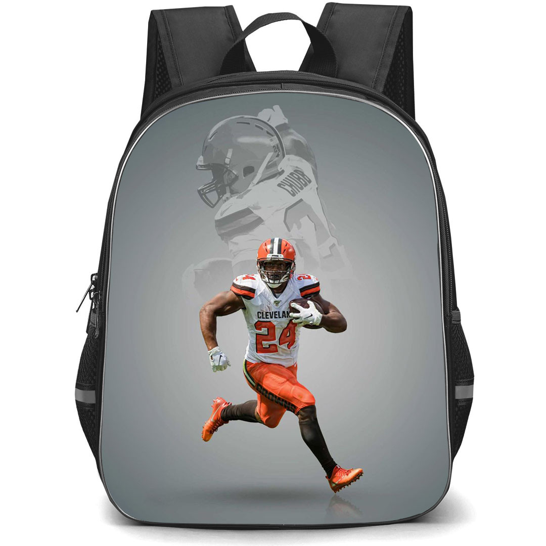 NFL Nick Chubb Backpack StudentPack - Nick Chubb Cleveland Browns 24 Running On Gray Background