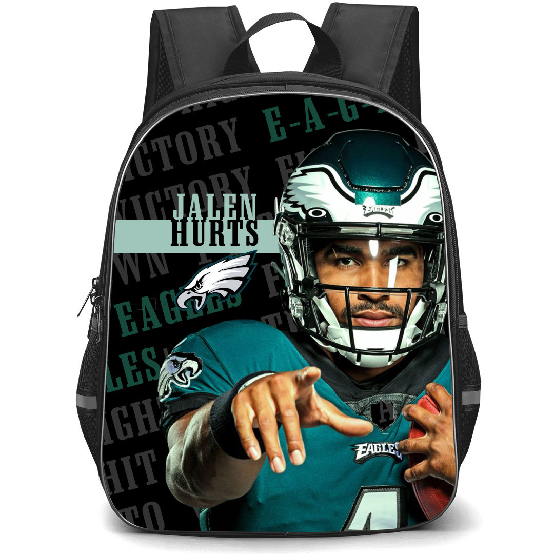 NFL Philadelphia Eagles Backpack StudentPack - Jalen Hurts Finger Poiting With Text And Logo Eagles Fight Song Lyrics Background
