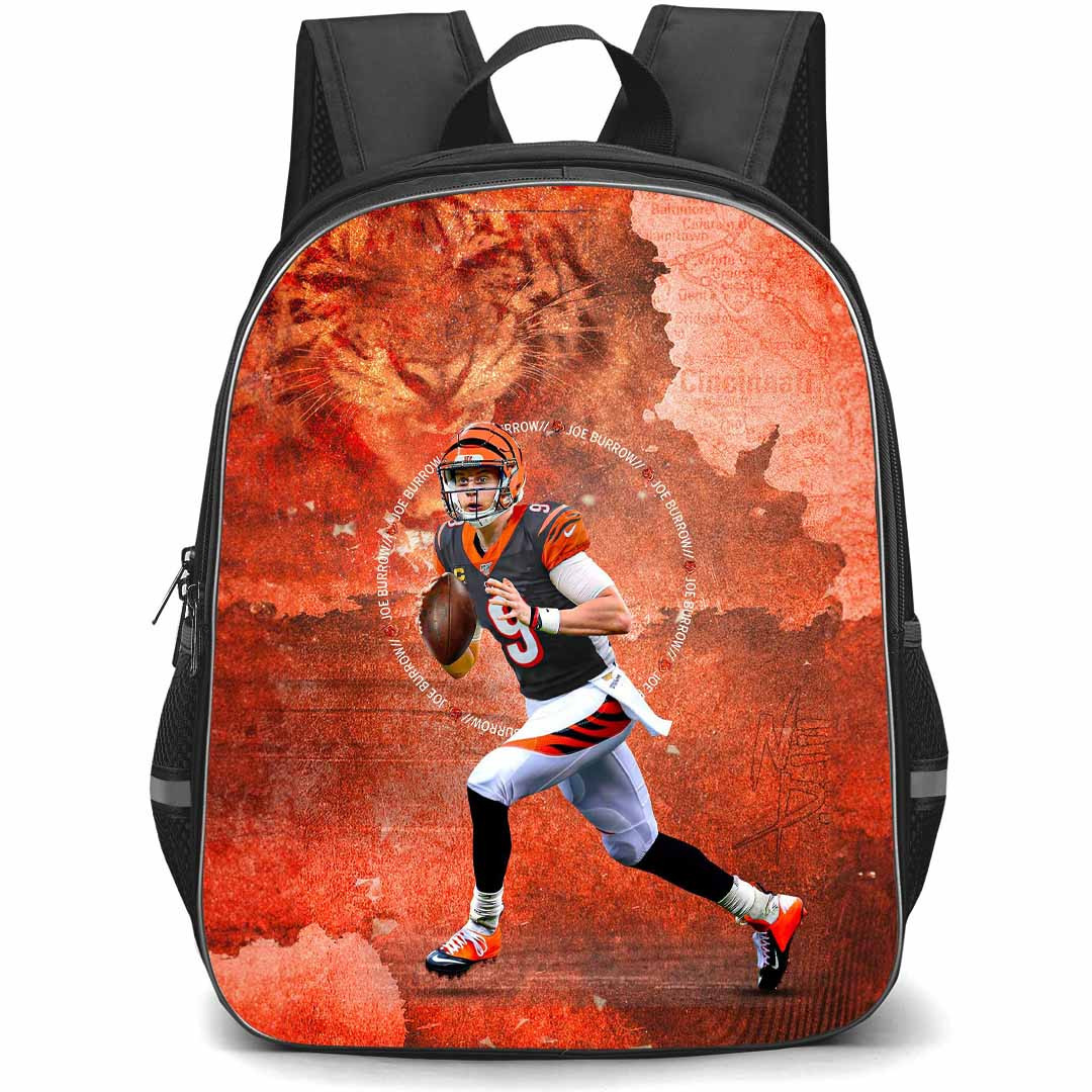 NFL Joe Burrow Backpack StudentPack - Joe Burrow 9 Cincinnati Bengals Rushing On Red Background