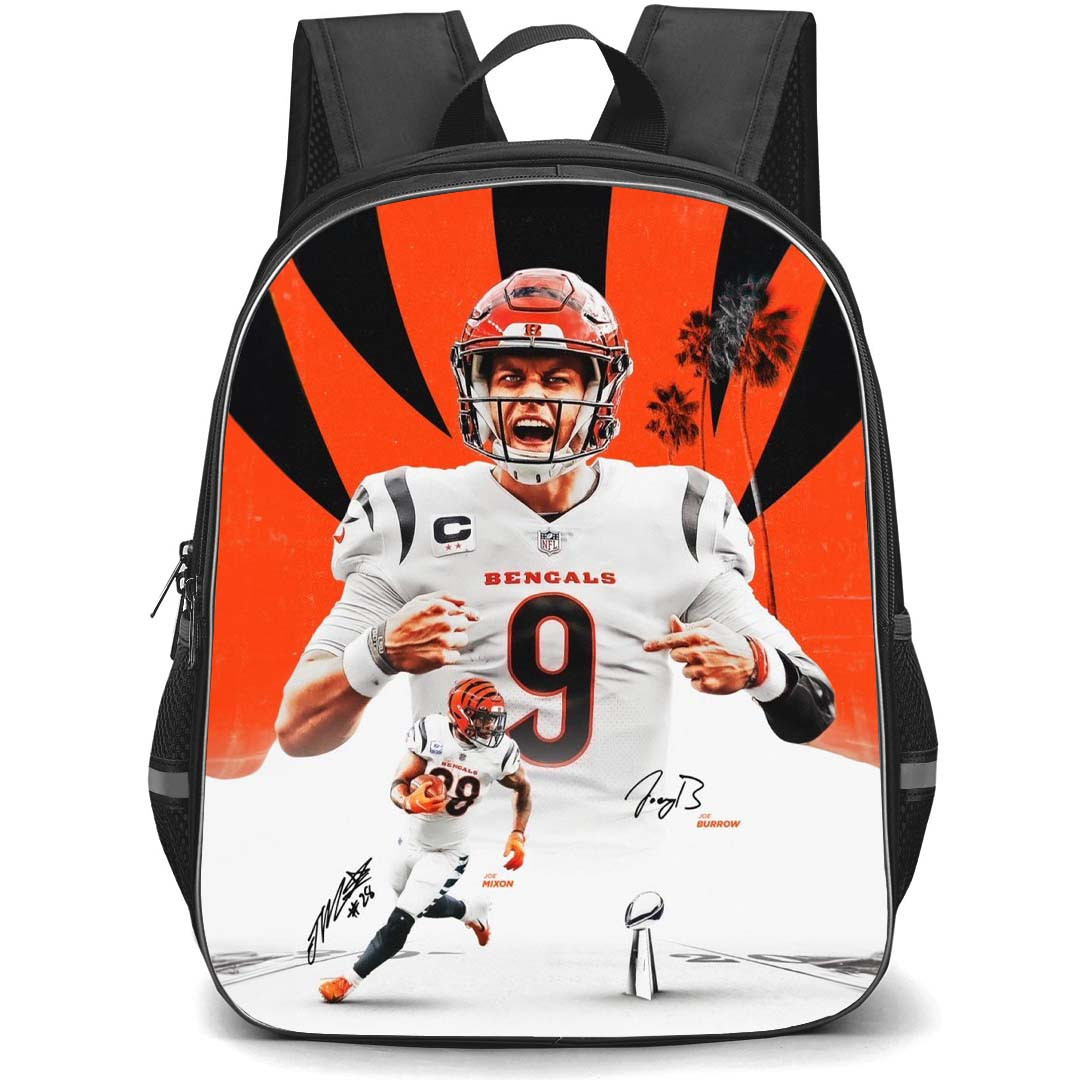 NFL Joe Burrow Backpack StudentPack - Joe Burrow 9 Cincinnati Bengals Shouting Orange White Poster