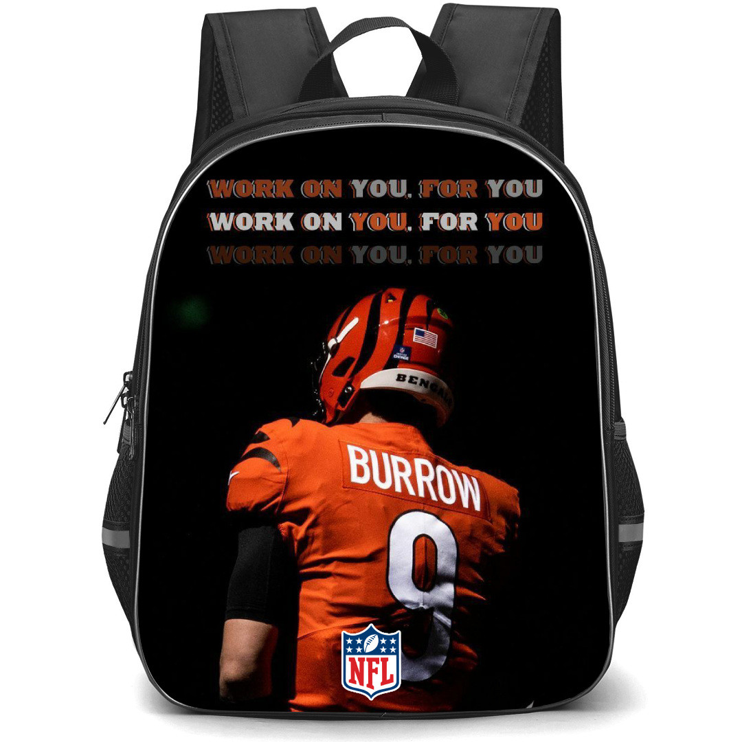 NFL Joe Burrow Backpack StudentPack - Joe Burrow 9 Cincinnati Bengals Standing Back Work On You Poster