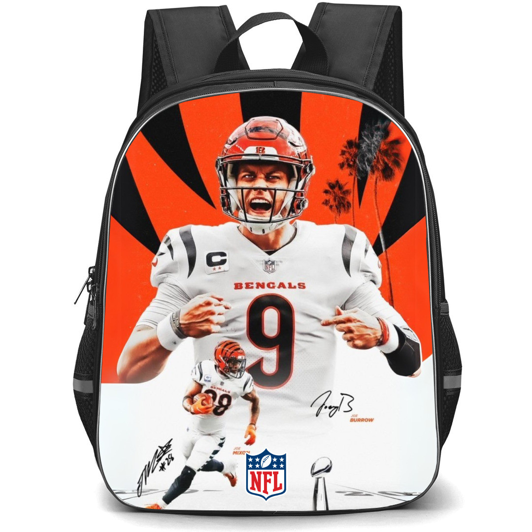 NFL Joe Burrow Backpack StudentPack - Joe Burrow Cincinnati Bengals Shouting On Tiger Strip Background