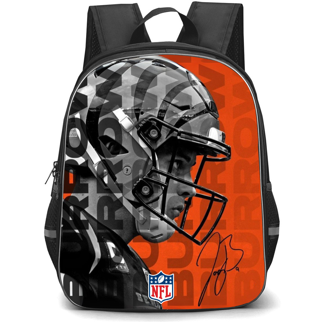 NFL Joe Burrow Backpack StudentPack - Joe Burrow Cincinnati Bengals Grayscale Side Portrait On Orange Background