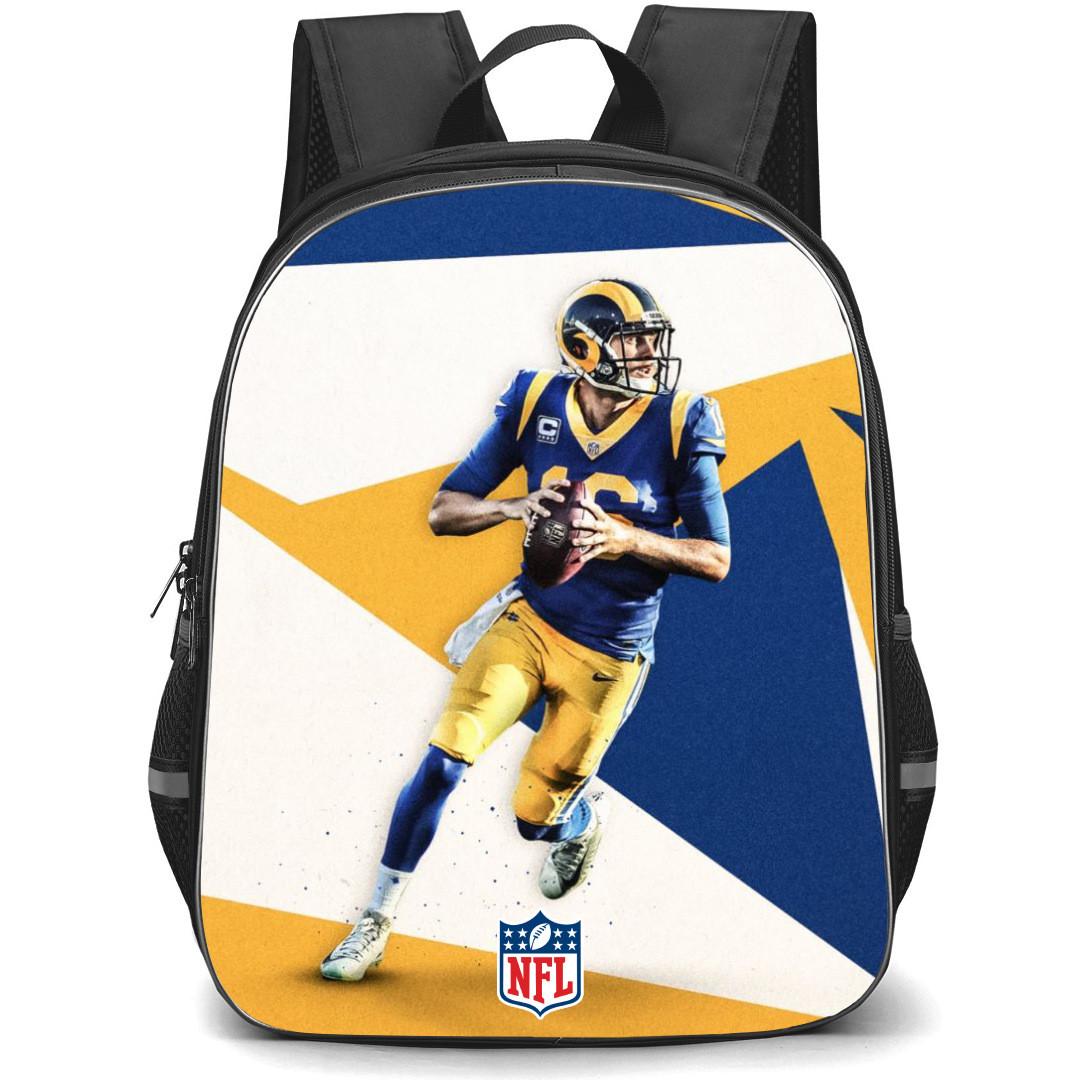 NFL Jared Goff Backpack StudentPack - Jared Goff Detriot Lions Running On Yellow Blue Background
