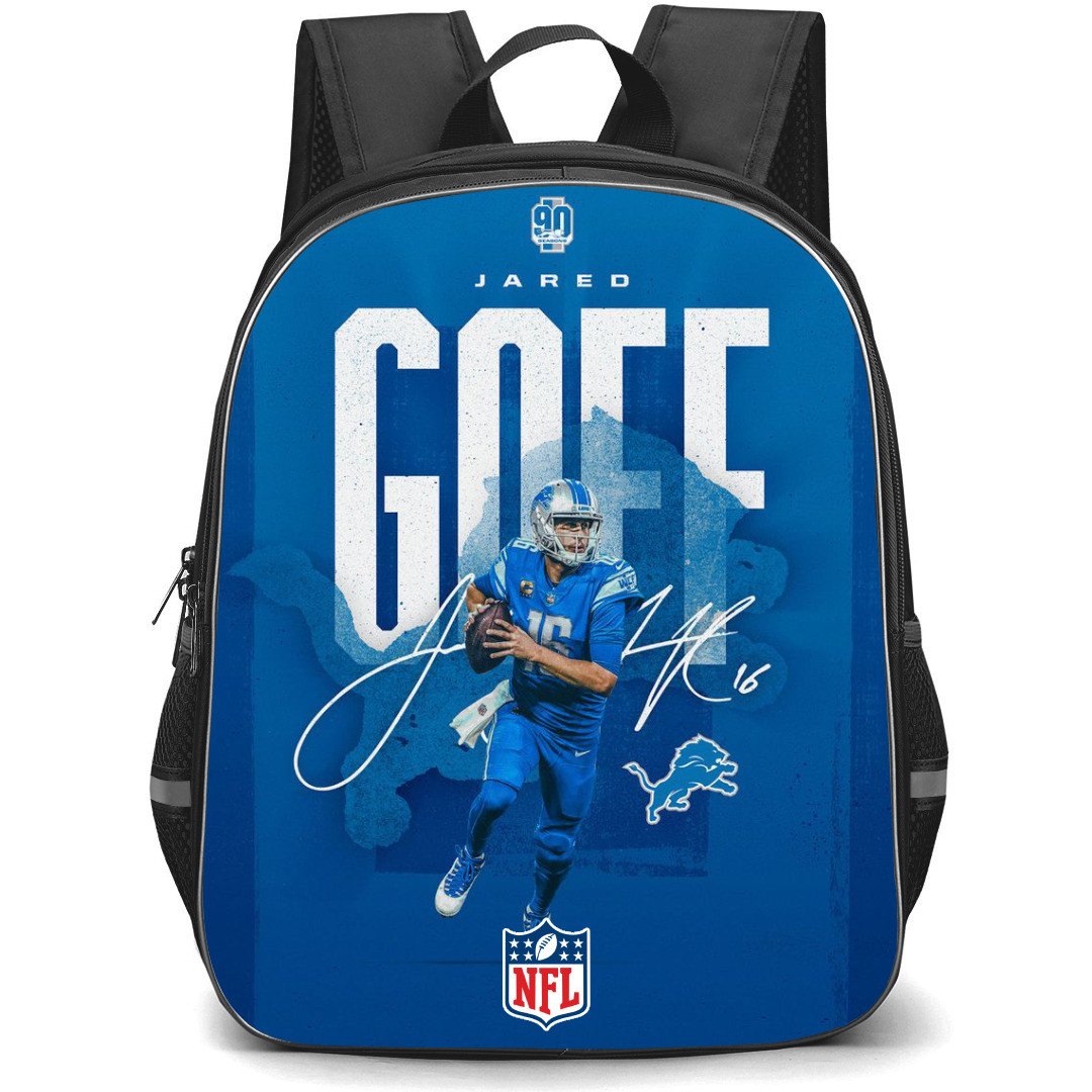 NFL Jared Goff Backpack StudentPack - Jared Goff Detriot Lions Sports Design Poster On Blue Background