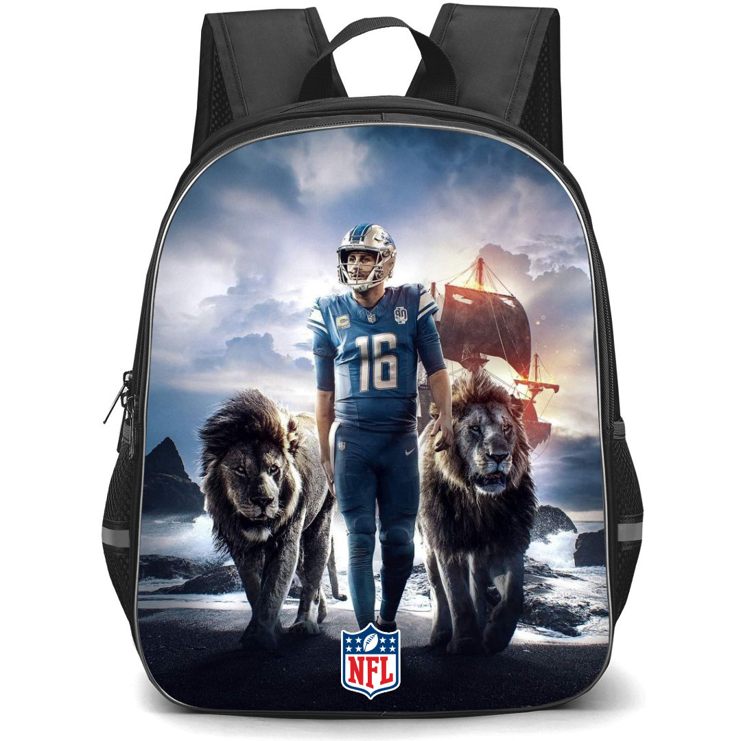 NFL Jared Goff Backpack StudentPack - Jared Goff Detroit Lions Standing With 2 Lions On Sea Background
