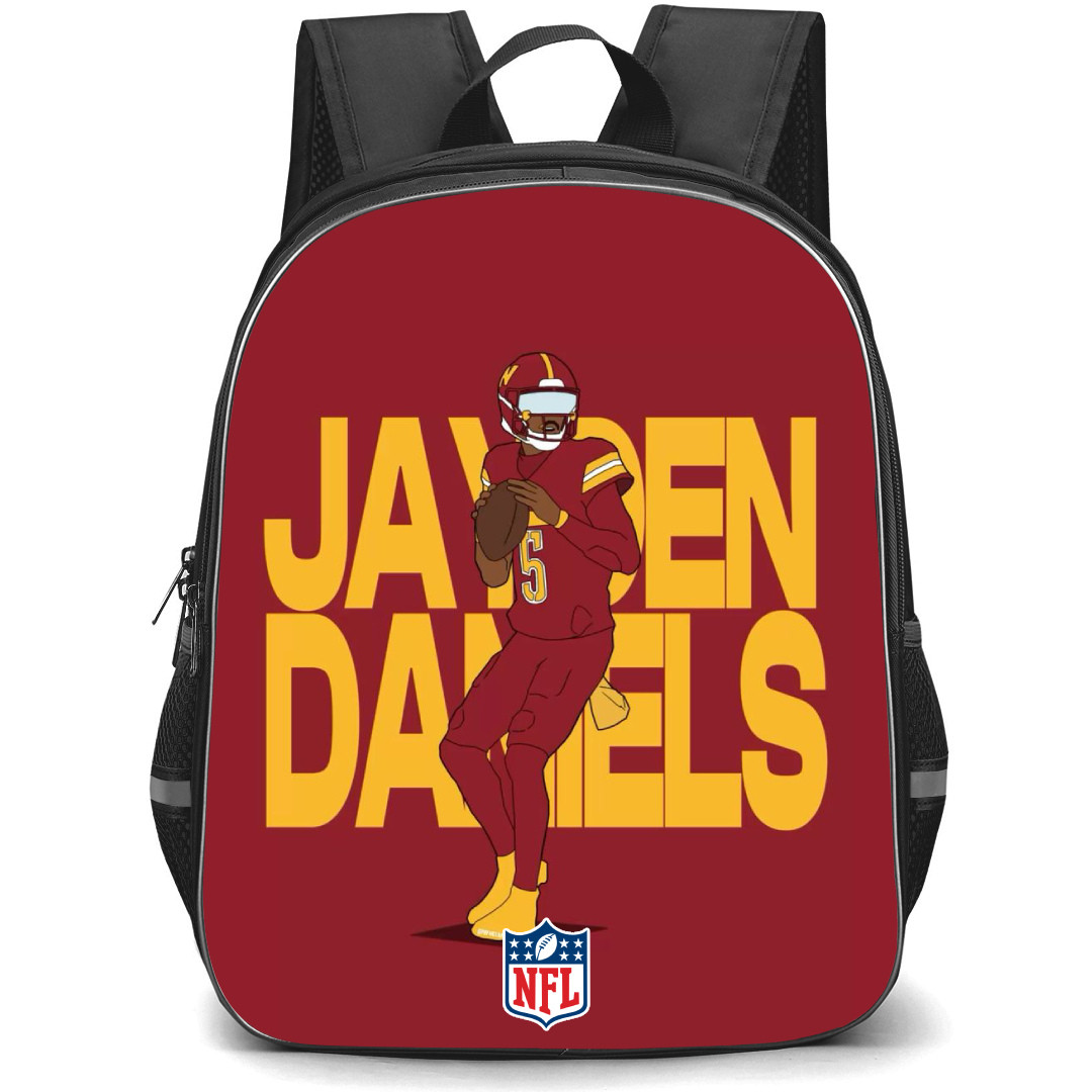 NFL Jayden Daniels Backpack StudentPack - Jayden Daniels Washington Commanders Illustration On Red Background