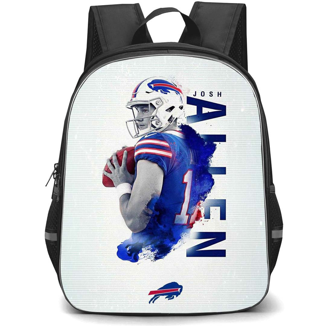 NFL Josh Allen Backpack StudentPack - Josh Allen 17 Buffalo Bills Holding Ball Back On Gray Background