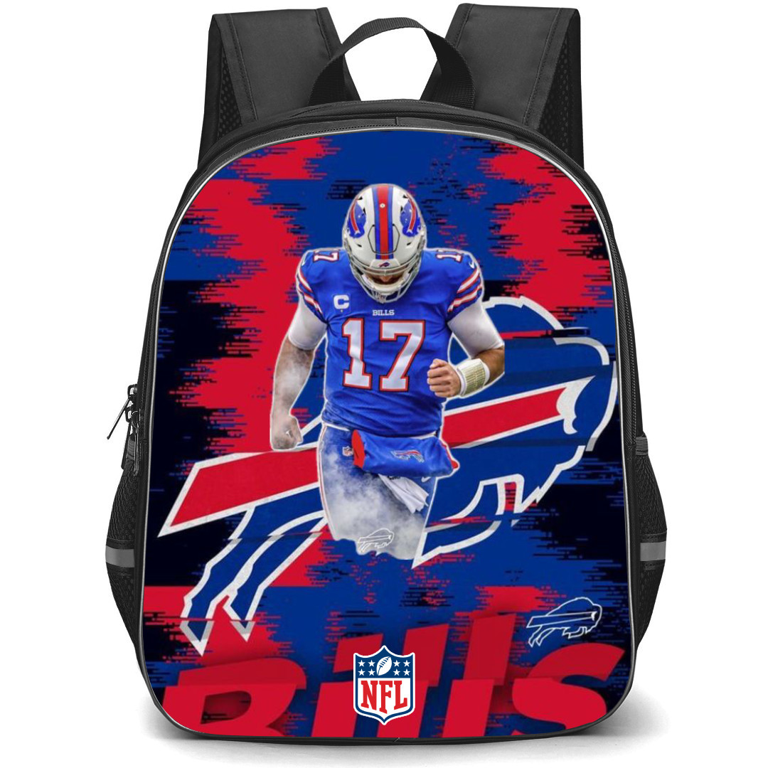 NFL Josh Allen Backpack StudentPack - Josh Allen 17 Buffalo Bills Running On Team Logo Background