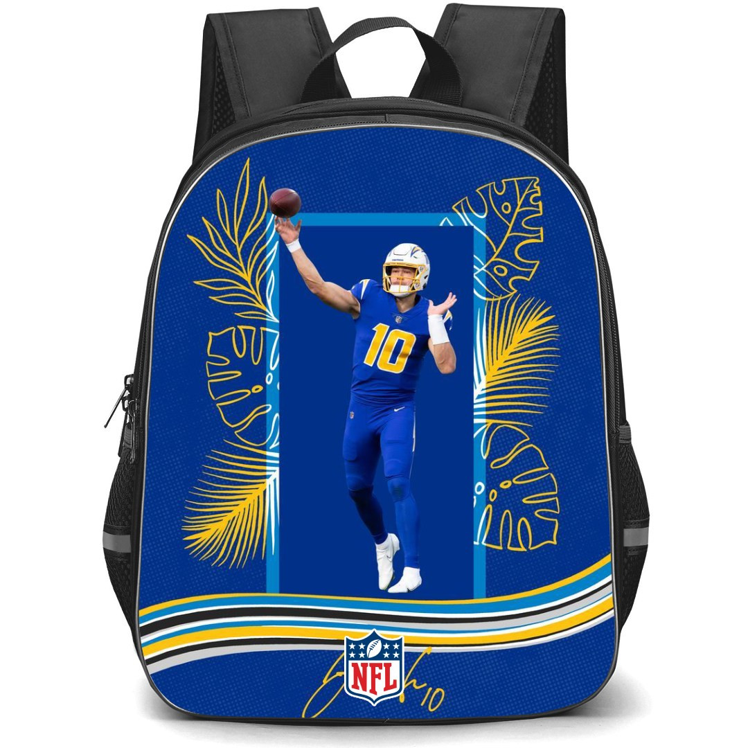 NFL Justin Herbert Backpack StudentPack - Justin Herbert 10 Los Angeles Chargers Throwing Ball On Blue Background