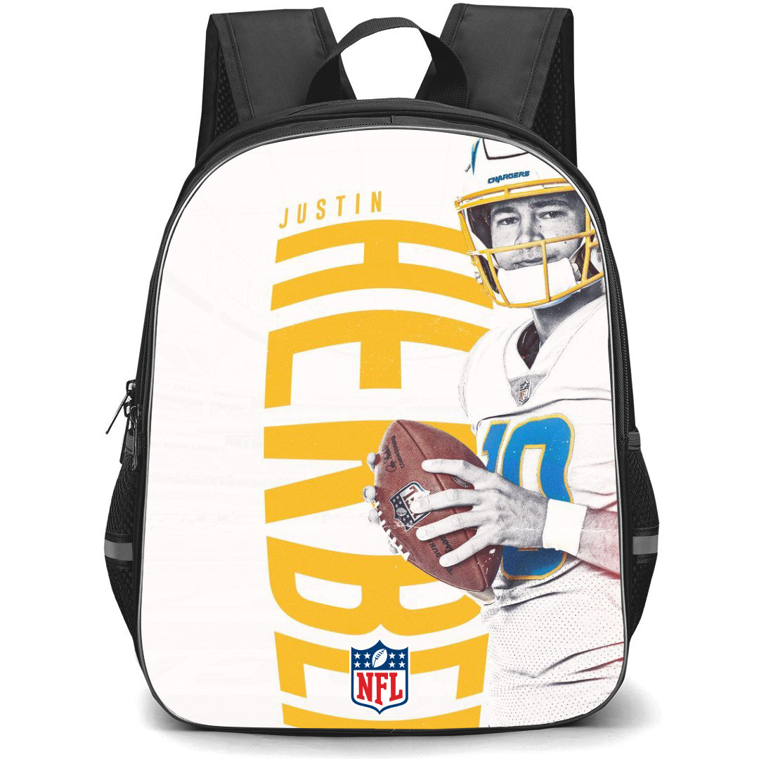 NFL Justin Herbert Backpack StudentPack - Justin Herbert Los Angeles Chargers Standing On Yellow WordArt Background