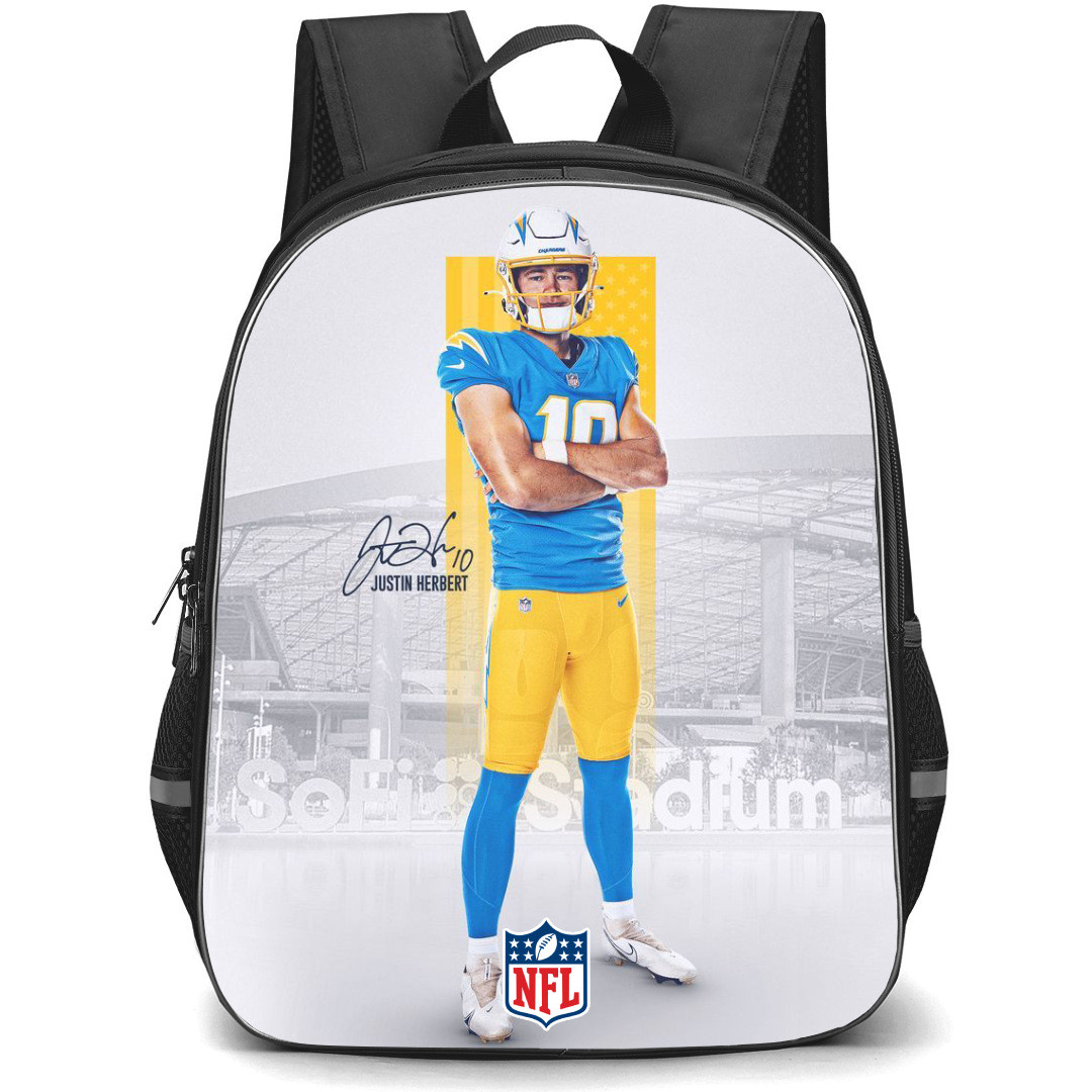 NFL Justin Herbert Backpack StudentPack - Justin Herbert Los Angeles Chargers Standing On Yellow White Poster