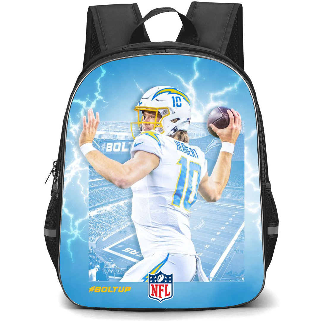 NFL Justin Herbert Backpack StudentPack - Justin Herbert Los Angeles Chargers Throwing Posture On Blue Background