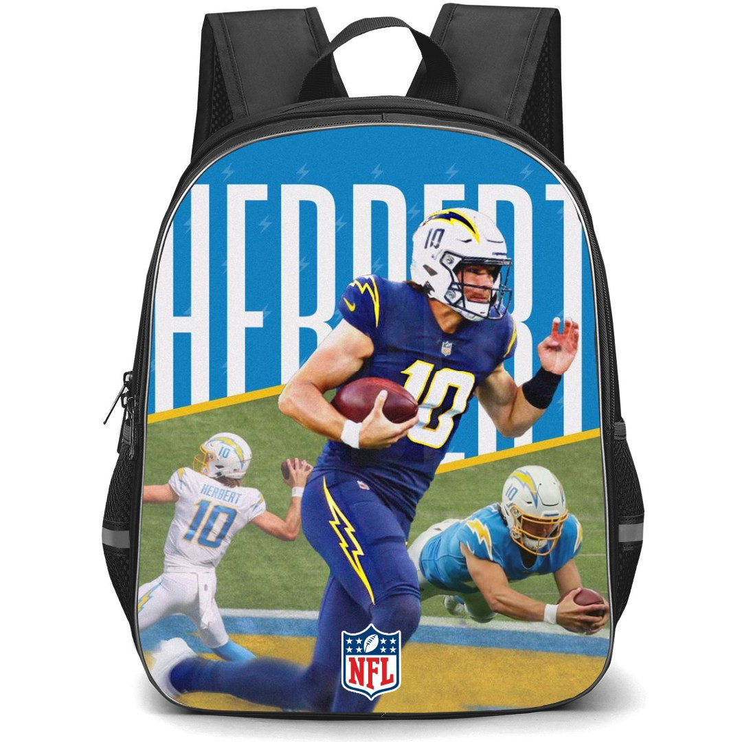 NFL Justin Herbert Backpack StudentPack - Justin Herbert Los Angeles Chargers Graphic Art Poster Orange Background