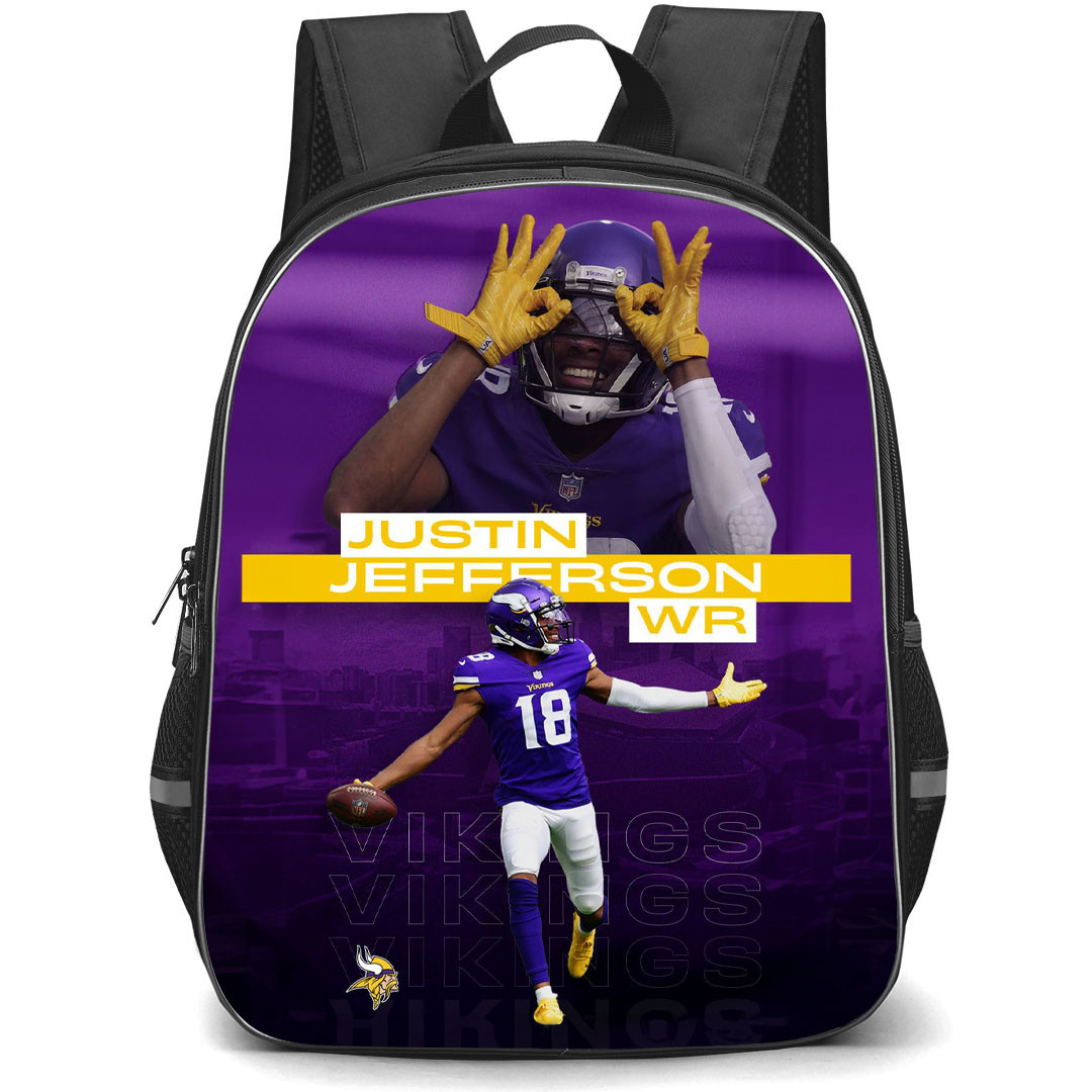 NFL Justin Jefferson Backpack StudentPack - Justin Jefferson 18 Minnesota Vikings Celebration On Purple Background