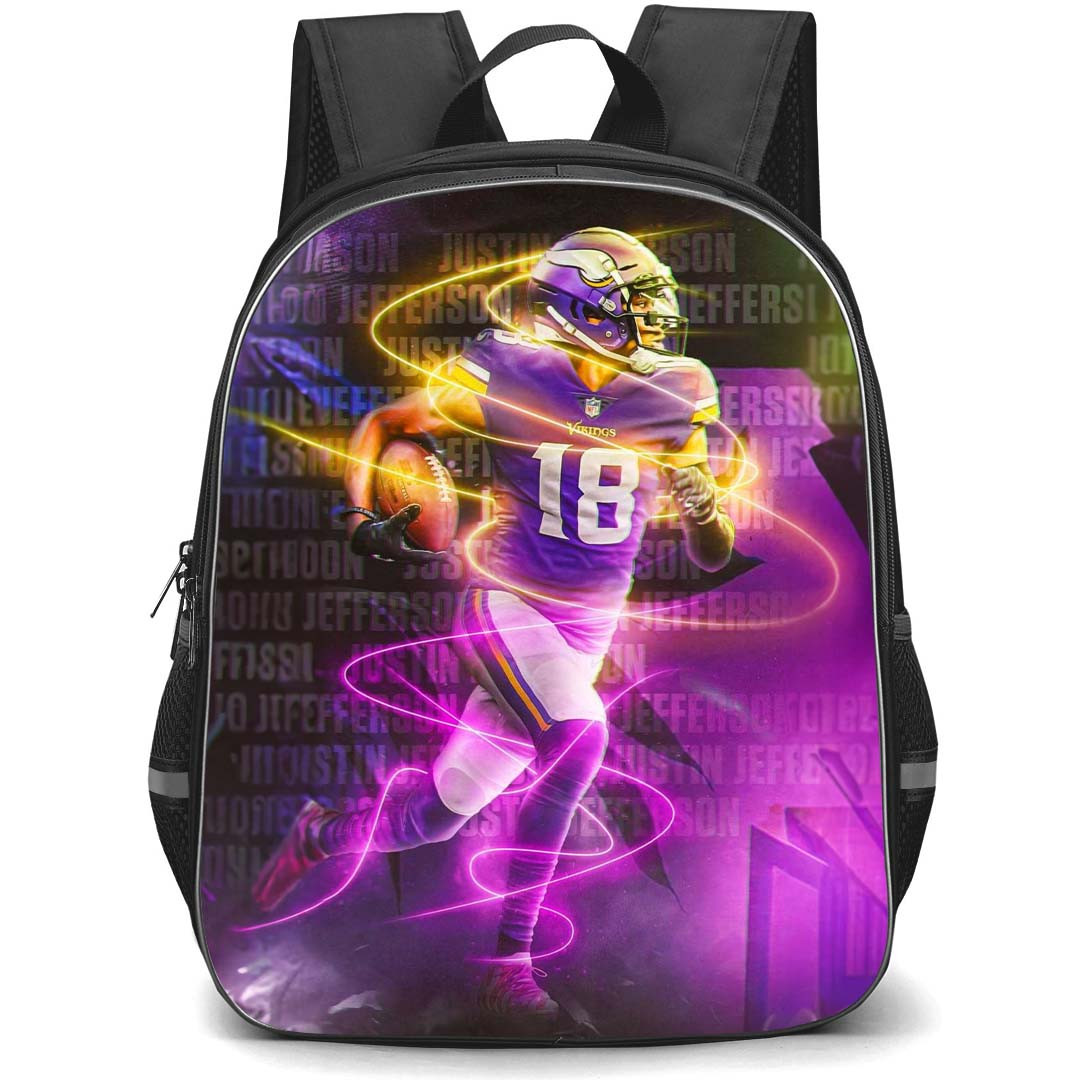 NFL Justin Jefferson Backpack StudentPack - Justin Jefferson 18 Minnesota Vikings Running Neon Light Effect Poster