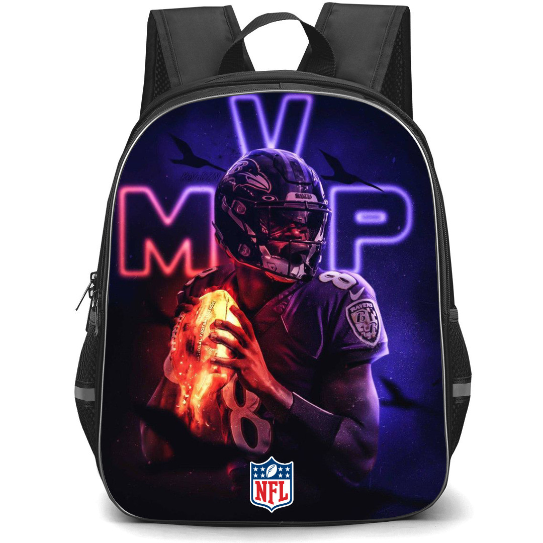 NFL Lamar Jackson Backpack StudentPack - Lamar Jackson Baltimore Ravens Holding Fired Ball On Neon Background
