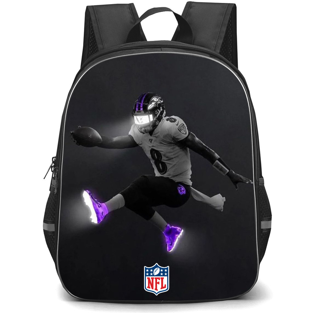 NFL Lamar Jackson Backpack StudentPack - Lamar Jackson Baltimore Ravens Jumping On Dark Background