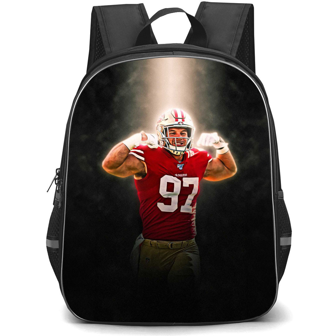 NFL Nick Bosa Backpack StudentPack - Nick Bosa 97 San Francisco 49ers Celebration Portrait On Dark Background