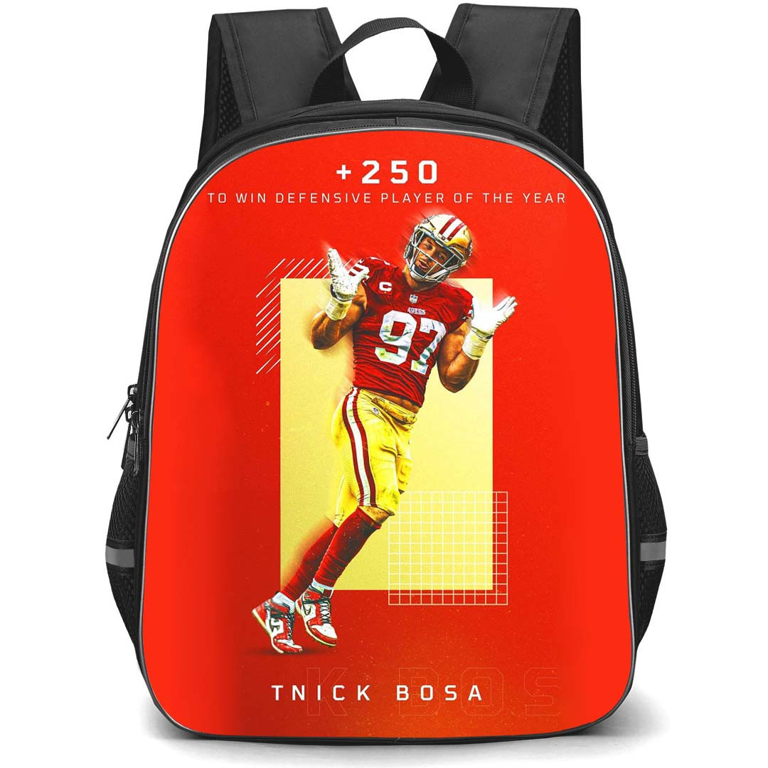 NFL Nick Bosa Backpack StudentPack - Nick Bosa 97 San Francisco 49ers Defensive Player Of the year Poster Red Background