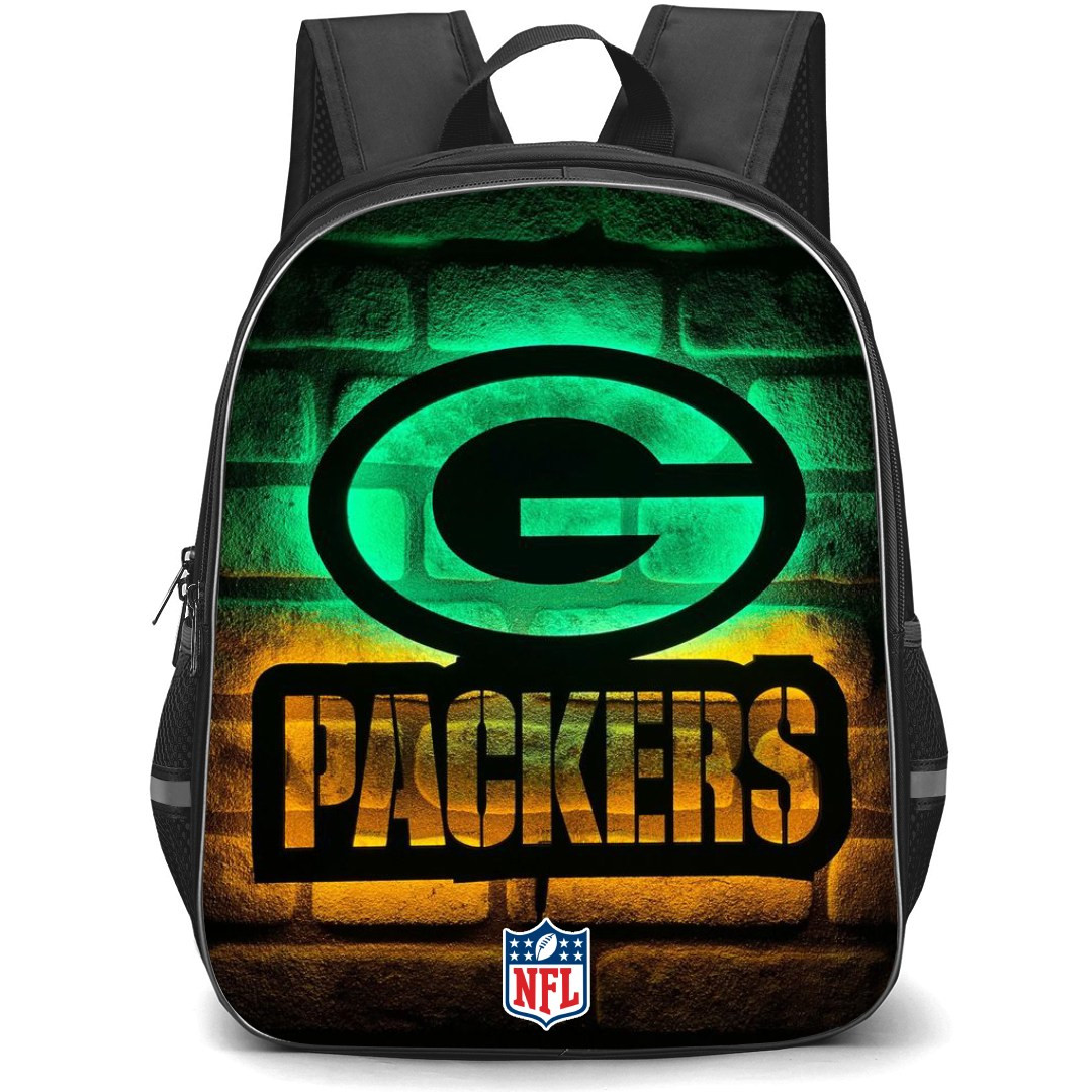 NFL Green Bay Packers Backpack StudentPack - Green Bay Packers Logo On Neon Wall Background