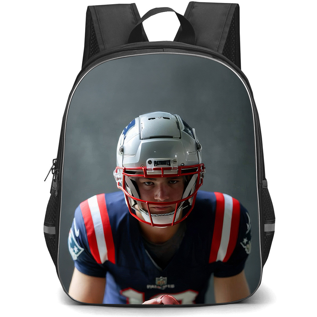 NFL New England Patriots Backpack School Bag StudentPack - New England Patriots Drake Maye Focused Close Up Portrait Grey Background