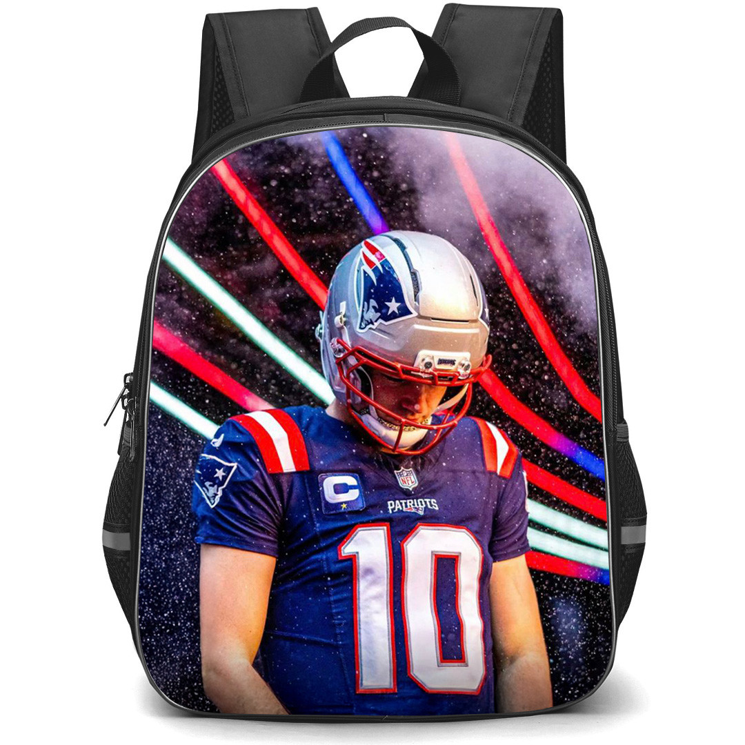NFL New England Patriots Backpack School Bag StudentPack - New England Patriots Drake Maye Looking Down with Stars and Light Beams Background