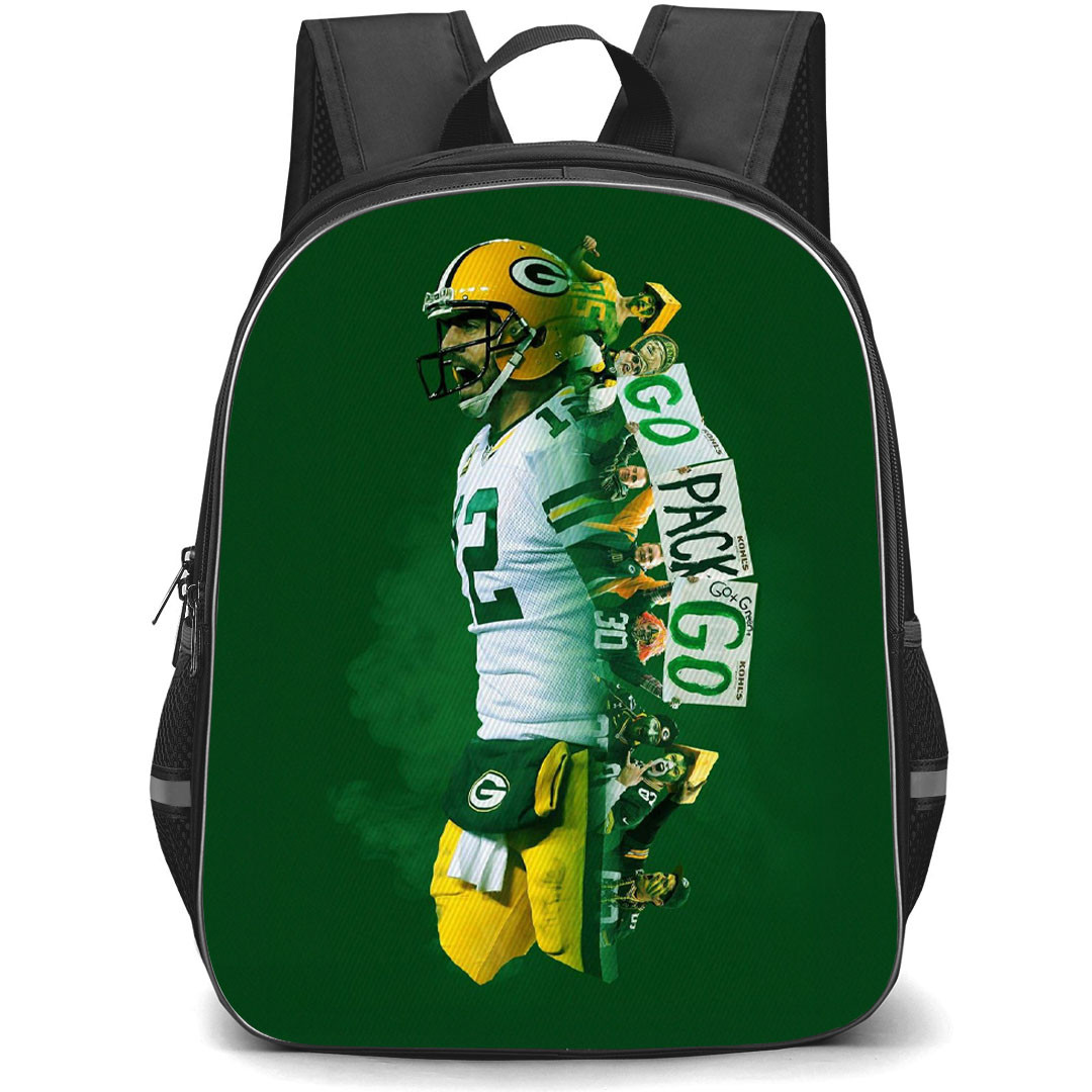 NFL Aaron Rodgers Backpack StudentPack - Aaron Rodgers Side Portrait Go Pack Go Green Background