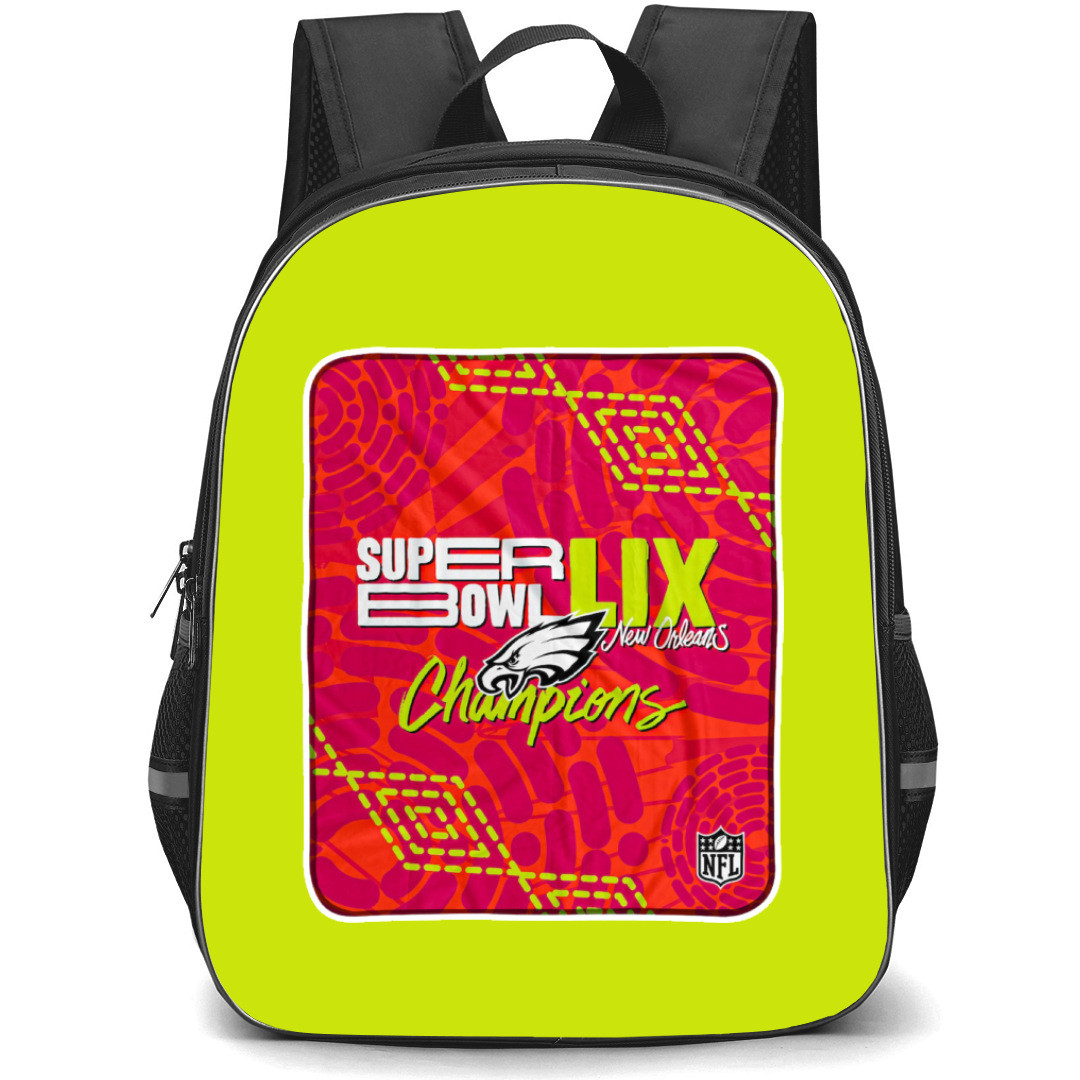 NFL Super Bowl 2025 Backpack StudentPack - Super Bowl 2025 Philadelphia Eagles Poster On Red Yellow Pattern Background