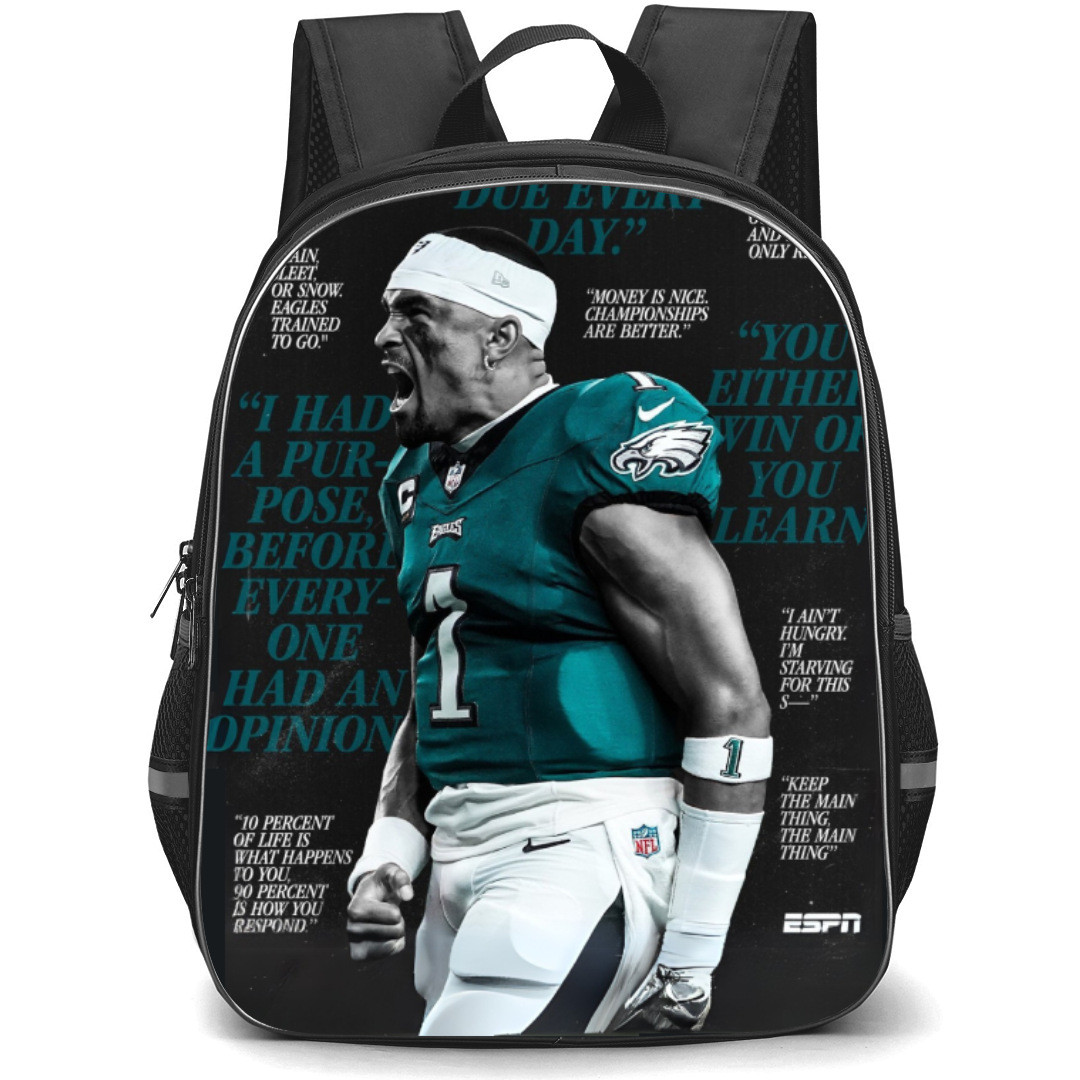 NFL Super Bowl 2025 Jalen Hurts Backpack StudentPack - Super Bowl 2025 Jalen Hurts Motto Wall On Black Background