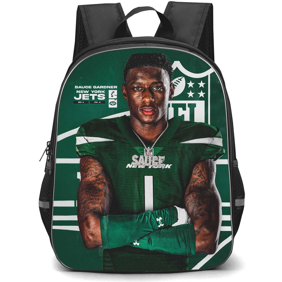NFL Sauce Gardner Backpack StudentPack - Sauce Gardner 12 New York Jets Portrait On Green Background