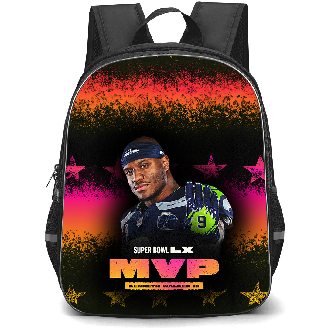 NFL Seattle Seahawks Backpack School Bag StudentPack - Seattle Seahawks Kenneth Walker III Super Bowl LX MVP Pink and Orange Stars Background