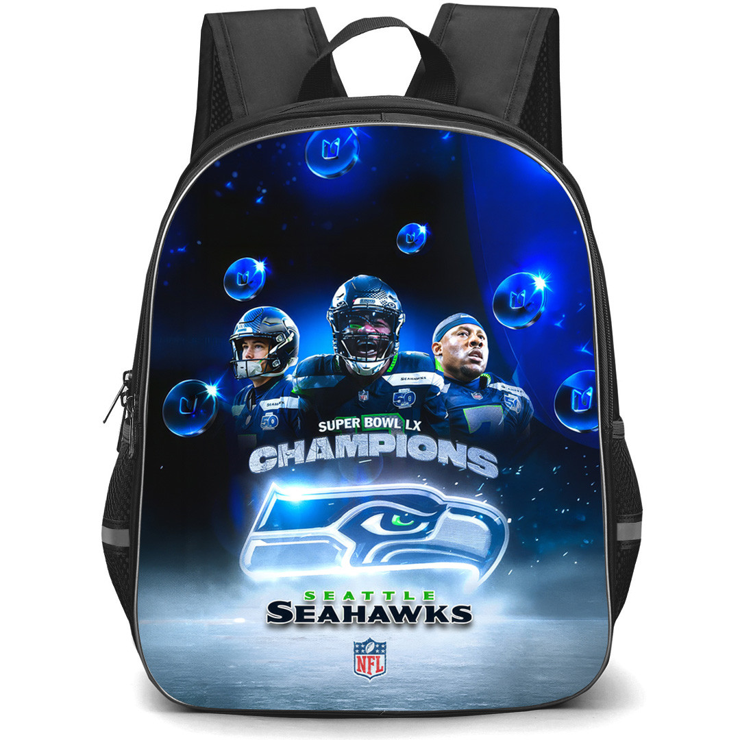 NFL Seattle Seahawks Backpack School Bag StudentPack - Seattle Seahawks Super Bowl LX Champions Blue Space and Coin Confetti