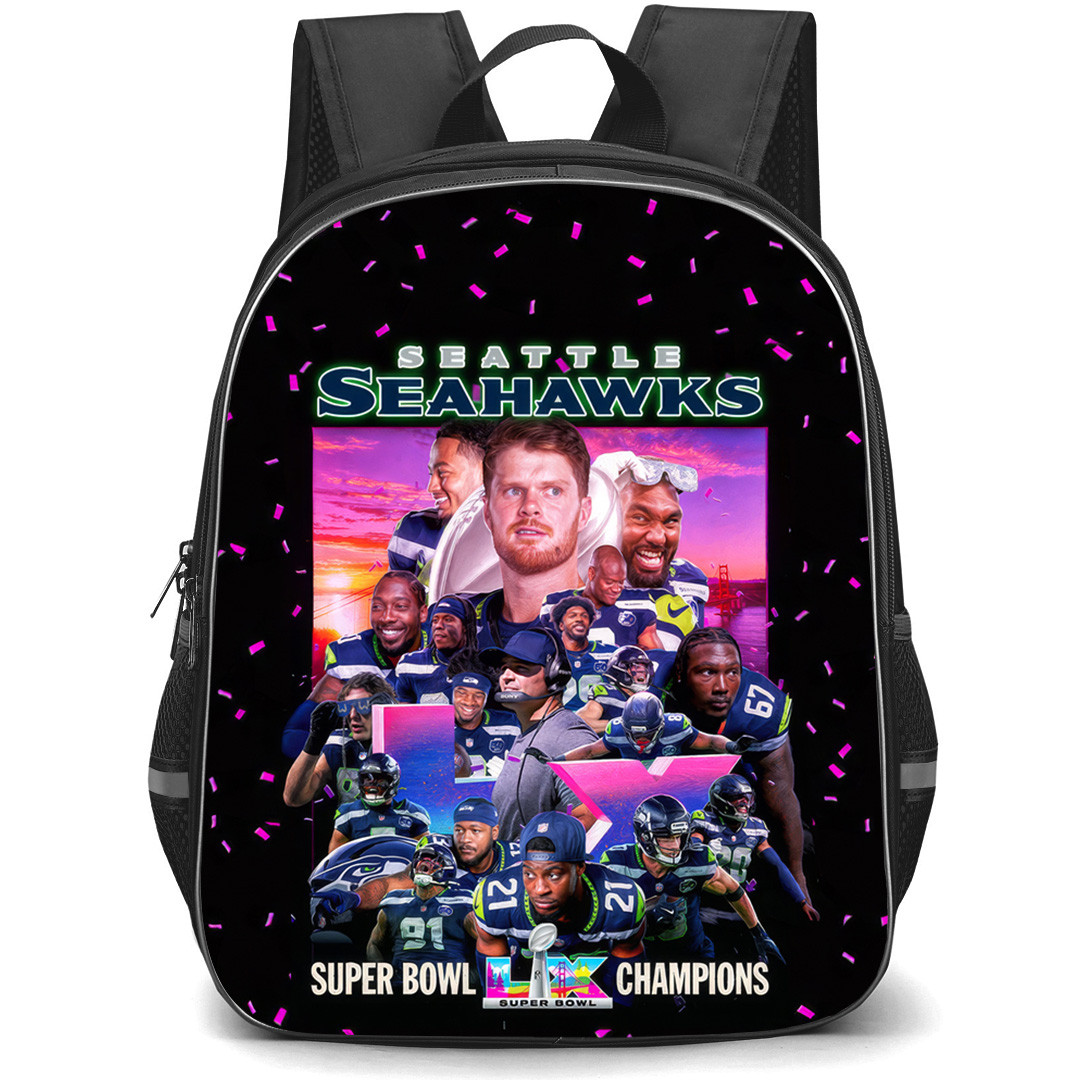 NFL Seattle Seahawks Backpack School Bag StudentPack - Seattle Seahawks Super Bowl LX Champions Pink Confetti with Black Background