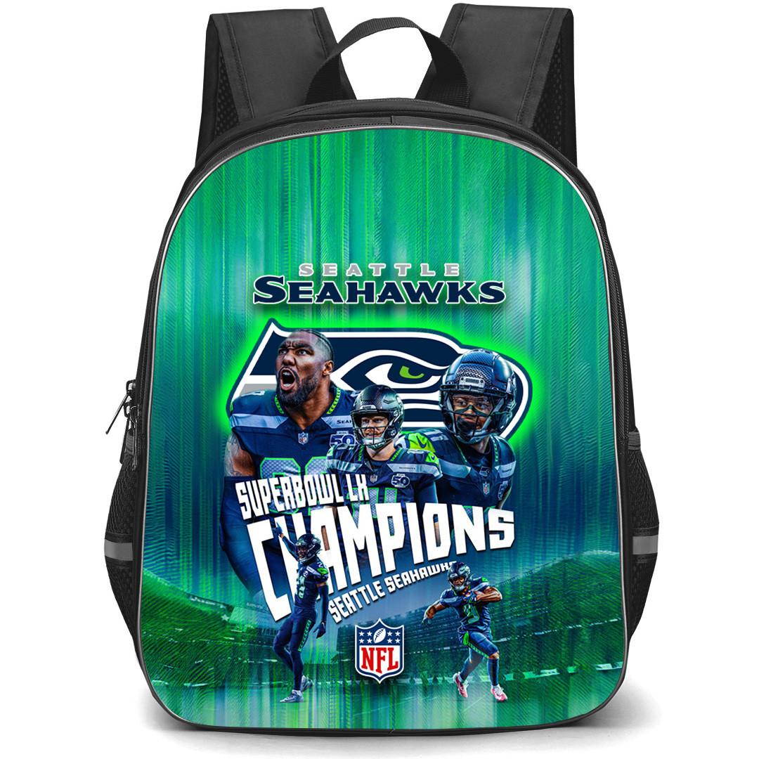 NFL Seattle Seahawks Backpack School Bag StudentPack - Seattle Seahawks Super Bowl LX Champions Green Background Logo and Players