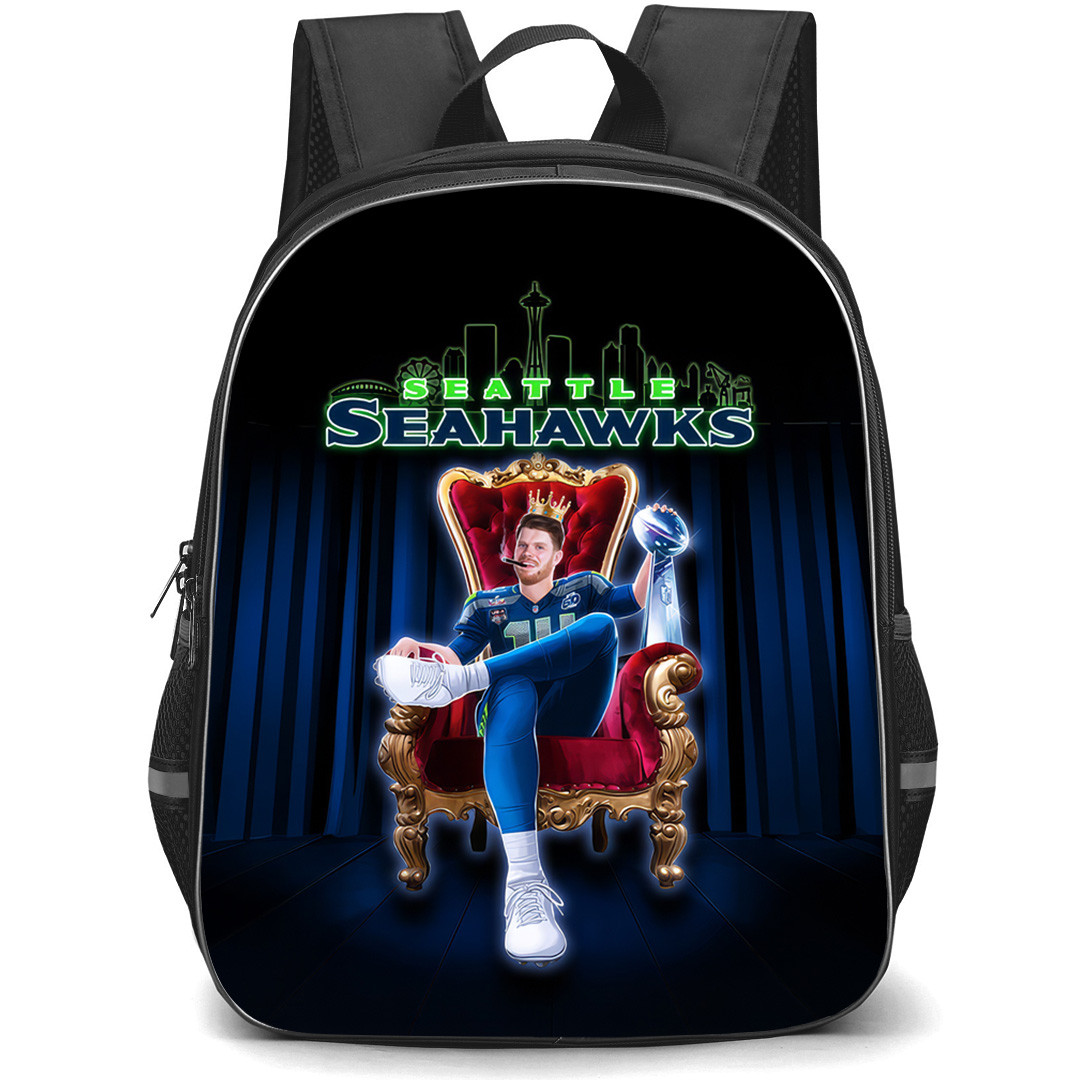 NFL Seattle Seahawks Backpack School Bag StudentPack - Seattle Seahawks Sam Darnold Sitting on Throne Illustration with Lombardi Trophy and City Silhouette