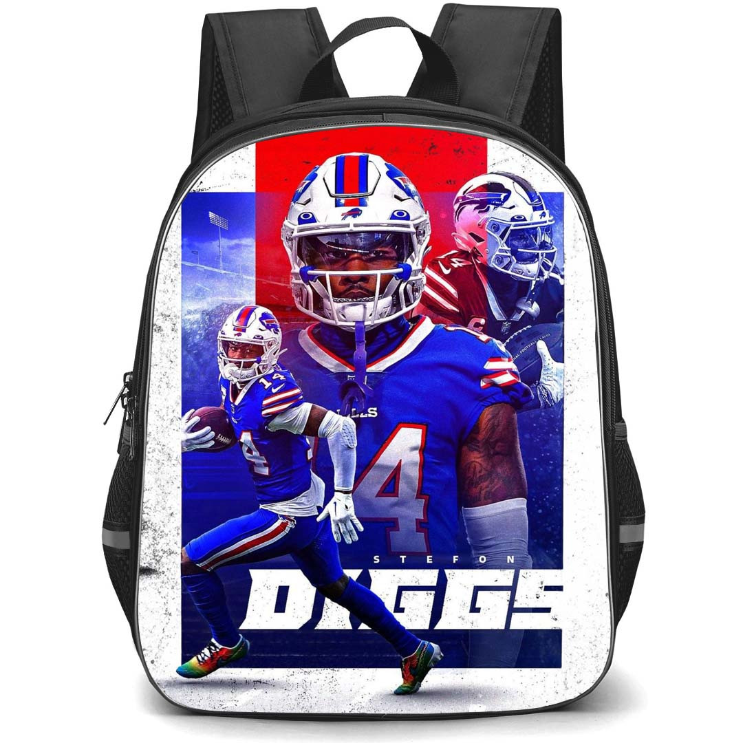 NFL Stefon Diggs Backpack StudentPack - Stefon Diggs 14 Buffalo Bills Rushing Blue Red Background