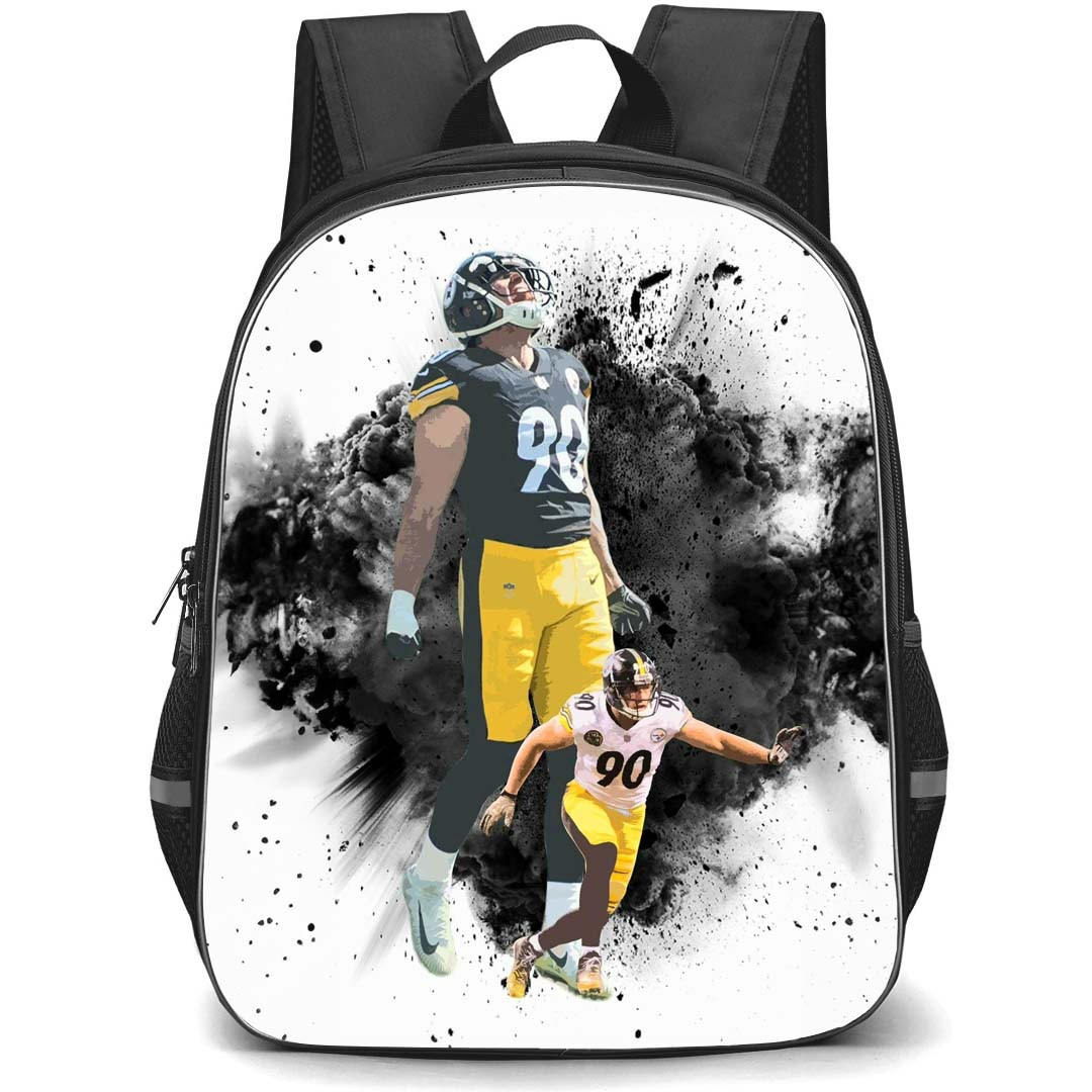 NFL T.J. Watt Backpack StudentPack - T.J. Watt 90 Pittsburgh Steelers Celebration On Black White Background