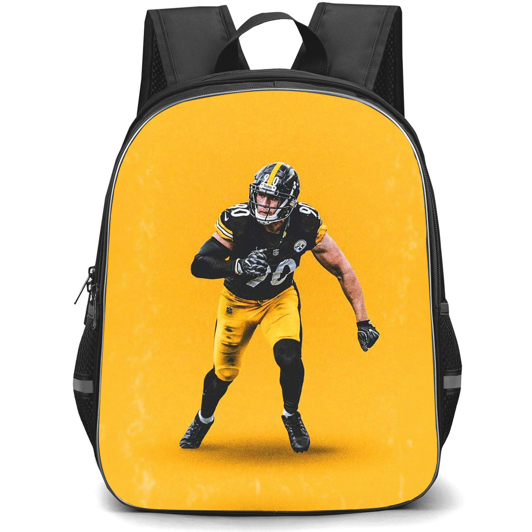 NFL T.J. Watt Backpack StudentPack - T.J. Watt 90 Pittsburgh Steelers Running On Yellow Background