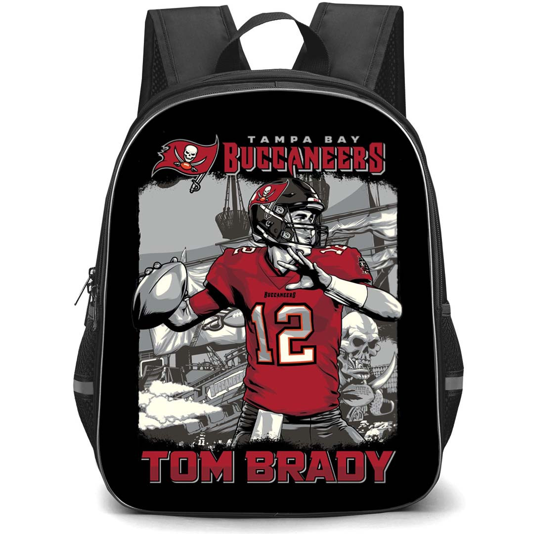 NFL Tom Brady Backpack StudentPack - Tom Brady 12 Tampa Bay Buccaneers Forward Pass Illustration Art On Black Background