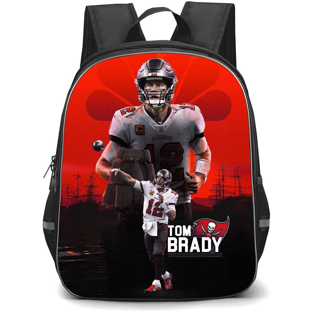 NFL Tom Brady Backpack StudentPack - Tom Brady 12 Tampa Bay Buccaneers Portrait On Red Back Background
