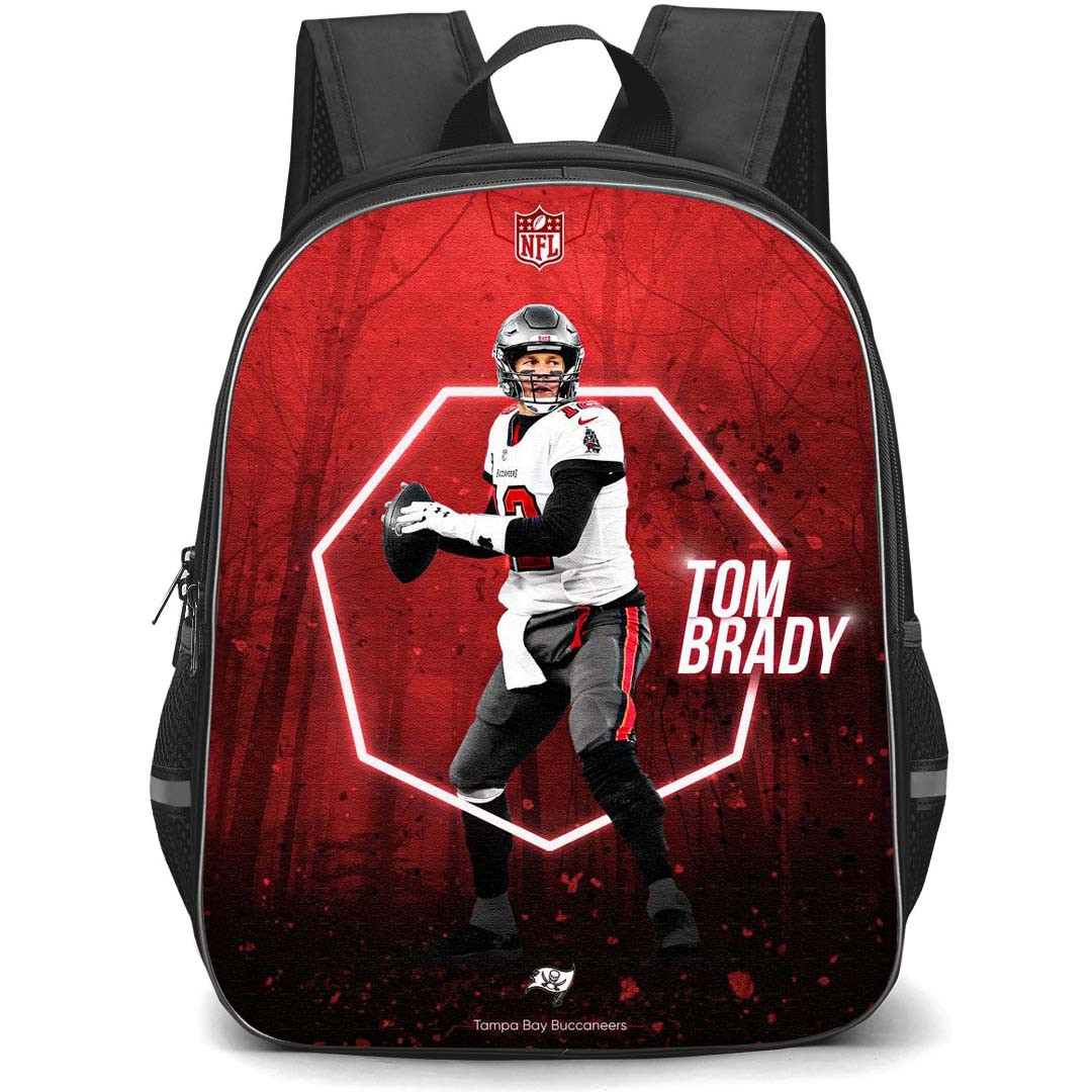 NFL Tom Brady Backpack StudentPack - Tom Brady 12 Tampa Bay Buccaneers Standing On Red Background