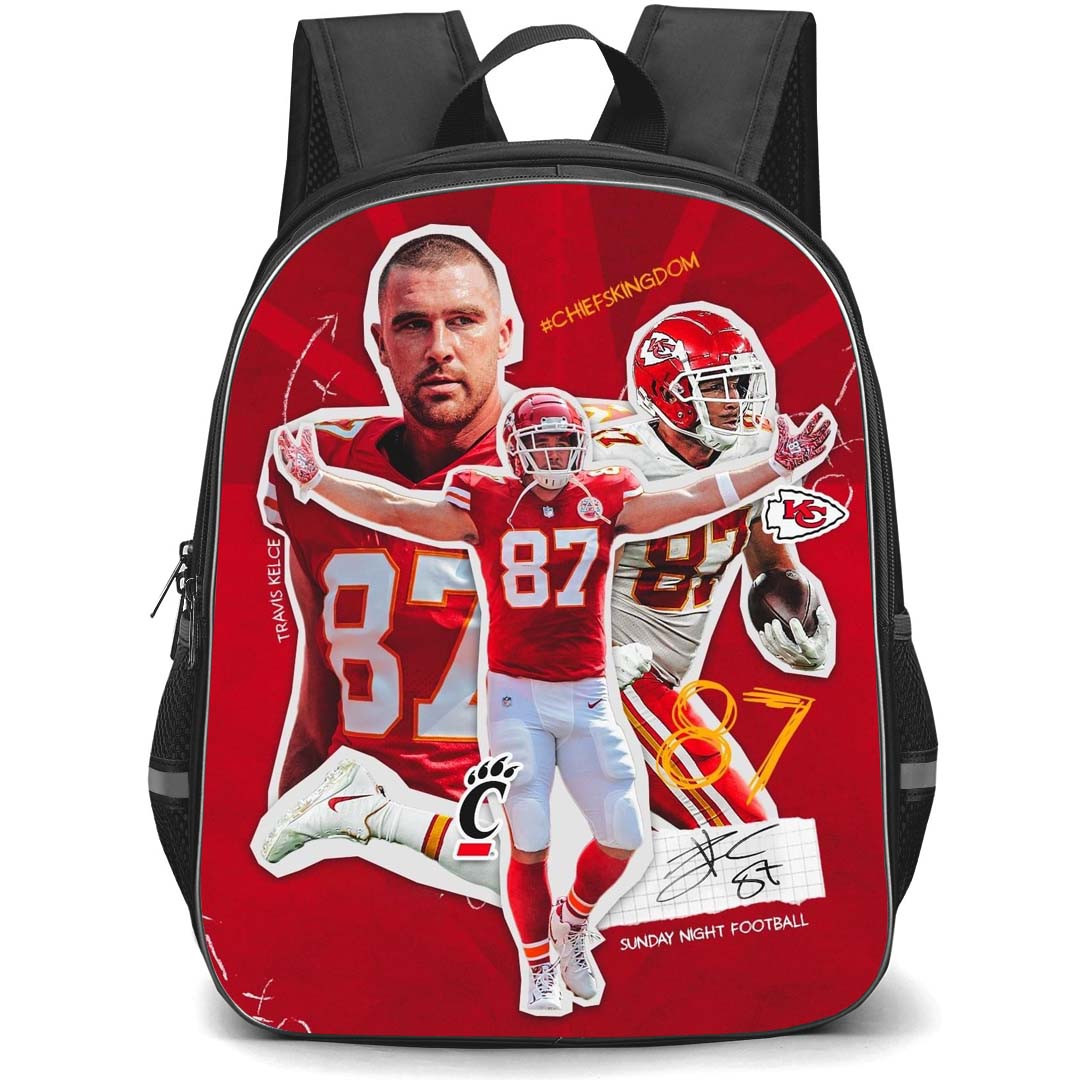 NFL Travis Kelce Backpack StudentPack - Travis Kelce 87 Kansas City Chiefs Celebration Poster Red Background