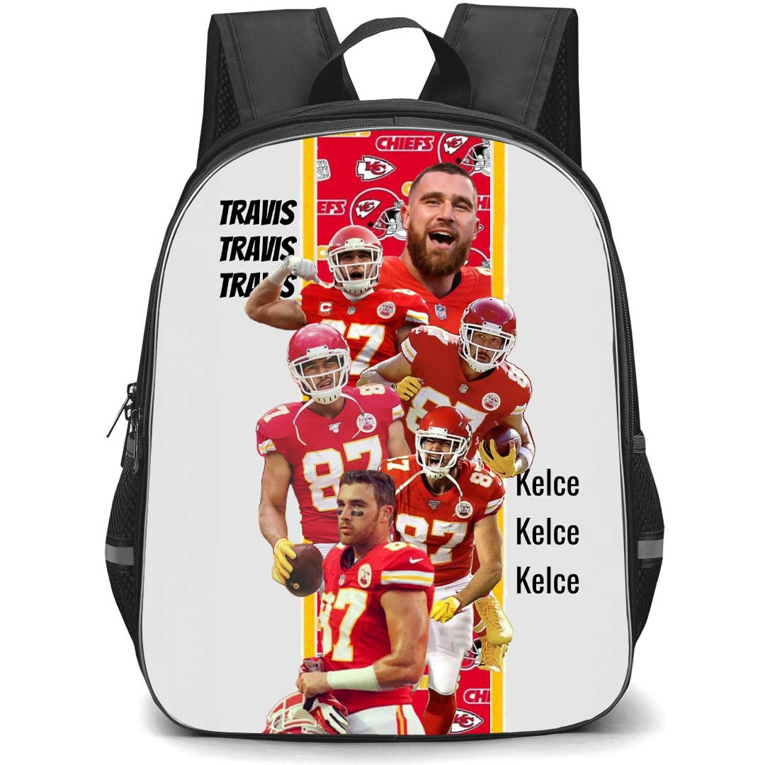 NFL Travis Kelce Backpack StudentPack - Travis Kelce 87 Kansas City Chiefs Portrait On Red Stripe Background