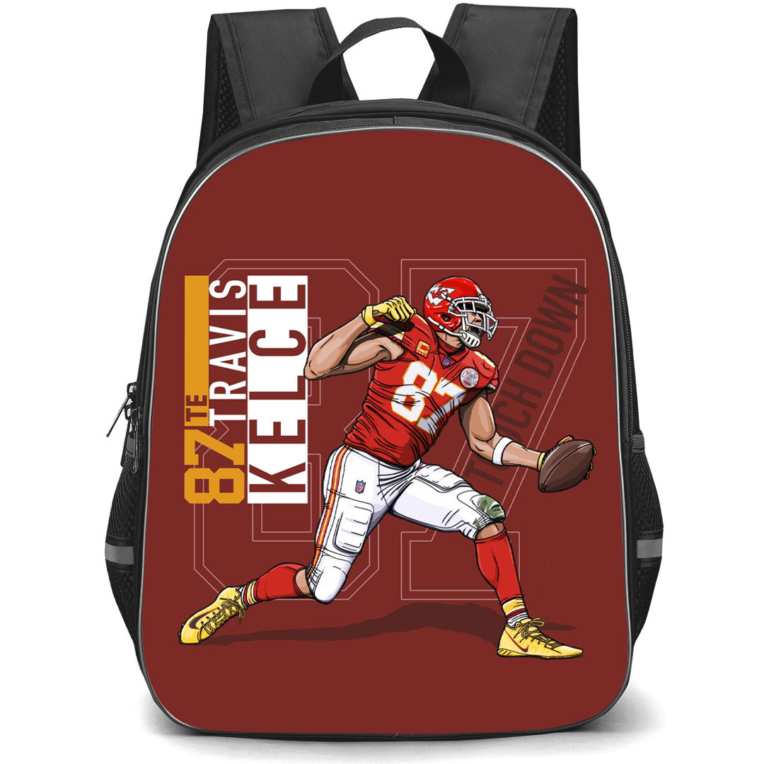NFL Travis Kelce Backpack StudentPack - Travis Kelce 87 Kansas City Chiefs Rushing Play Illustration On Red Background