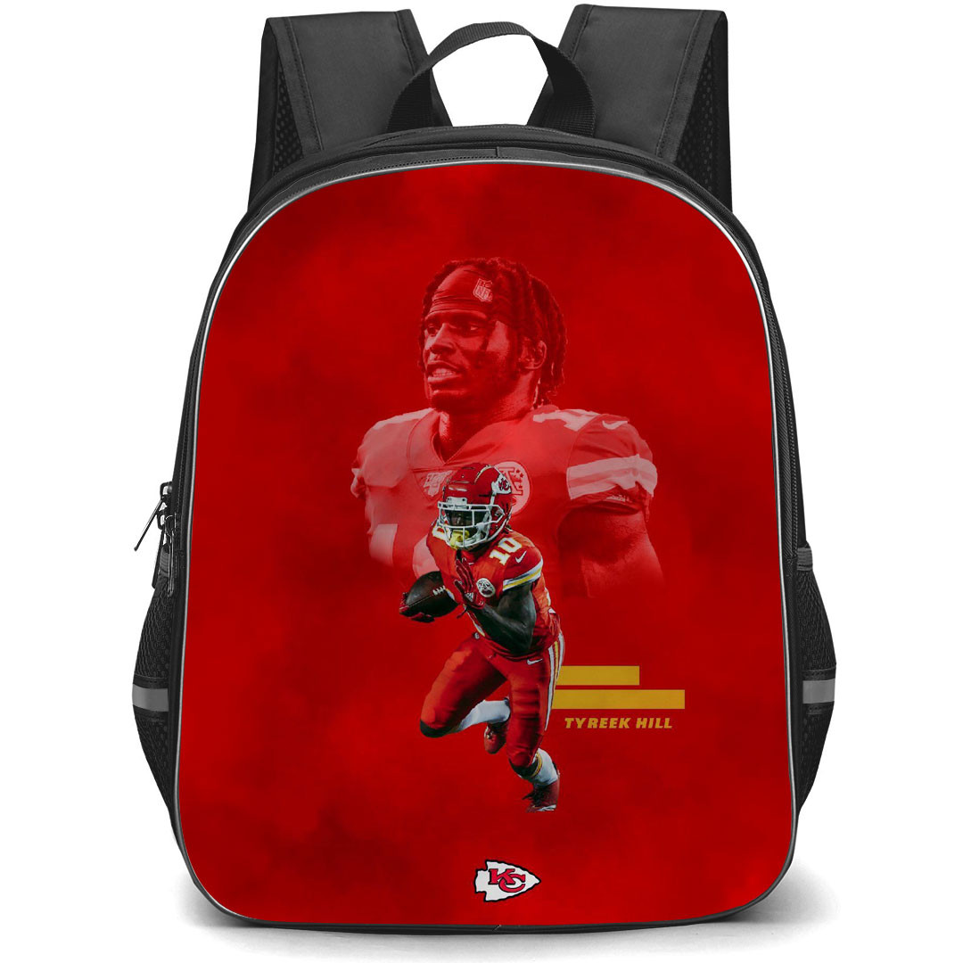 NFL Tyreek Hill Backpack StudentPack - Tyreek Hill 10 Kansas City Chiefs Rushing Play Red Background