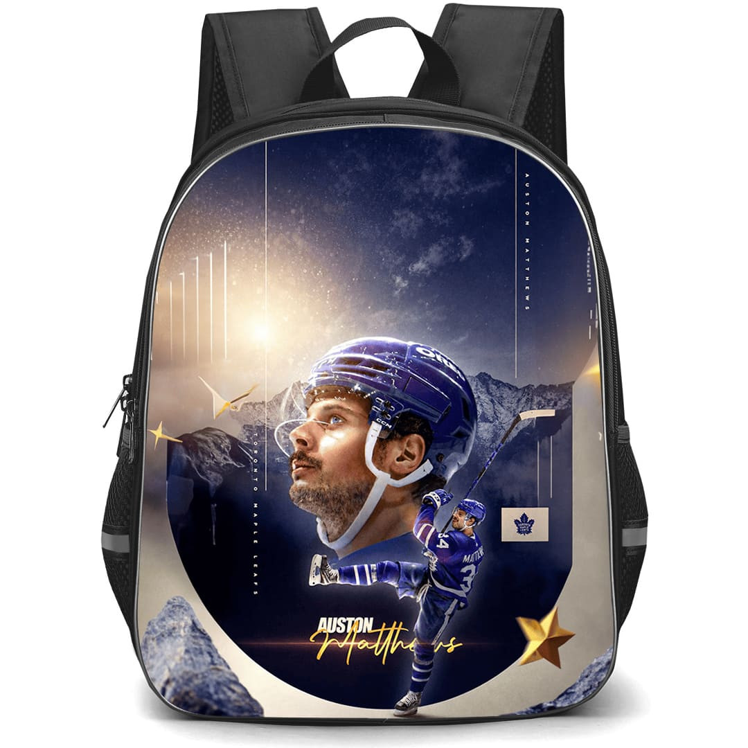 NHL Auston Matthews Backpack School Bag StudentPack - Auston Matthews Toronto Maple Leafs Blue Gold Cinematic Artwork Poster